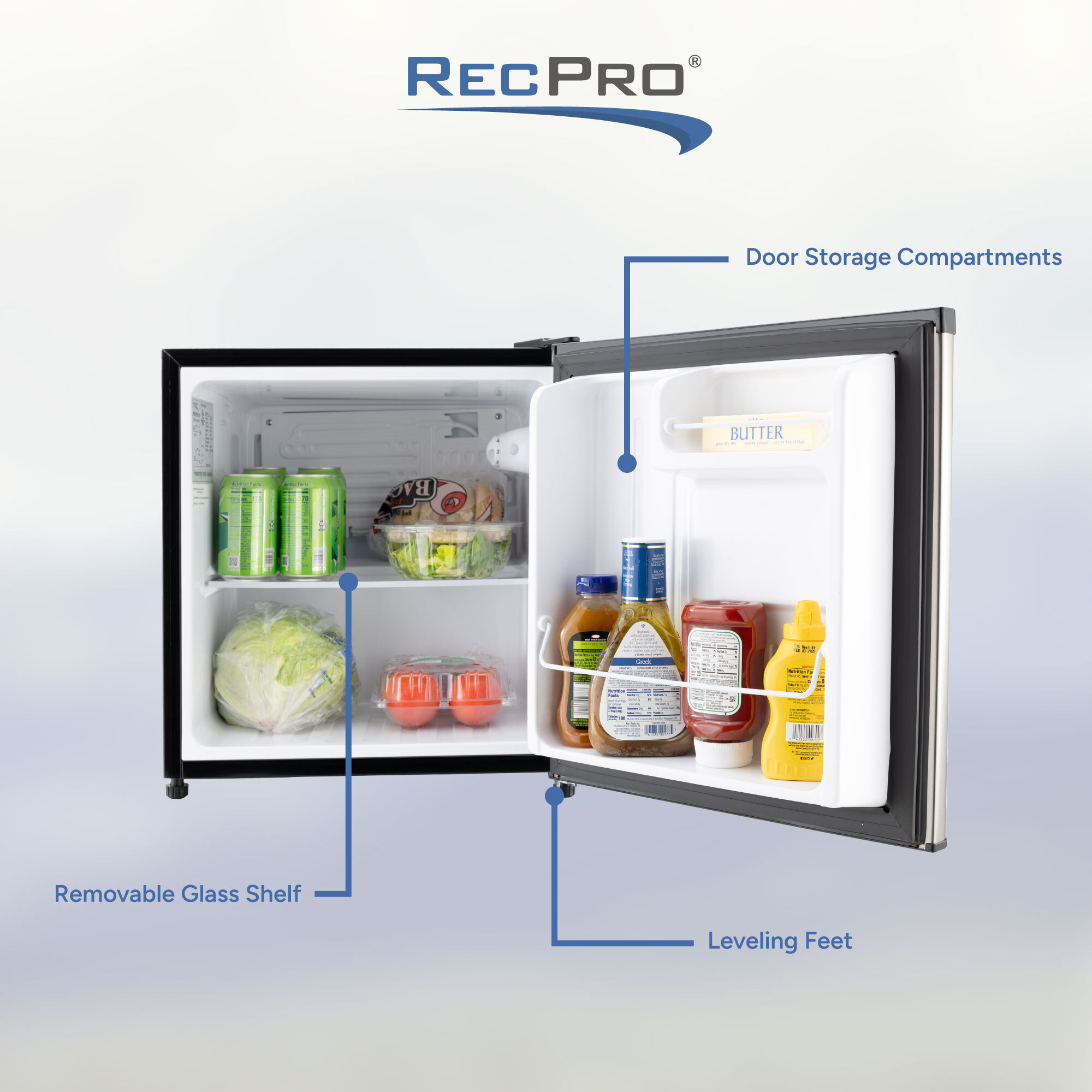 Door Storage Compartments, Removable Glass Shelf, Leveling Feet