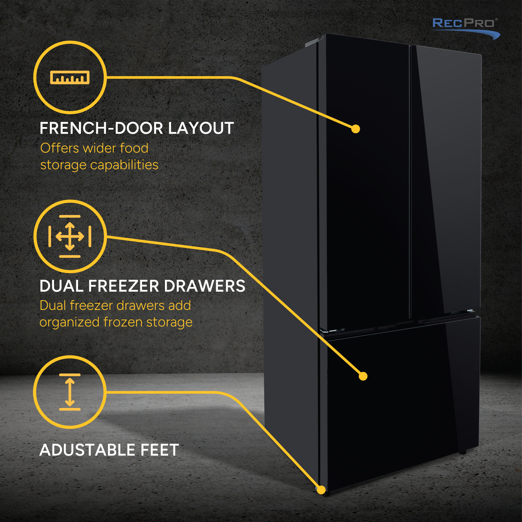 French-Door Layout, Dual Freezer Drawers, Adjustable Feet French-Door Layout, Dual Freezer Drawers, Adjustable Feet