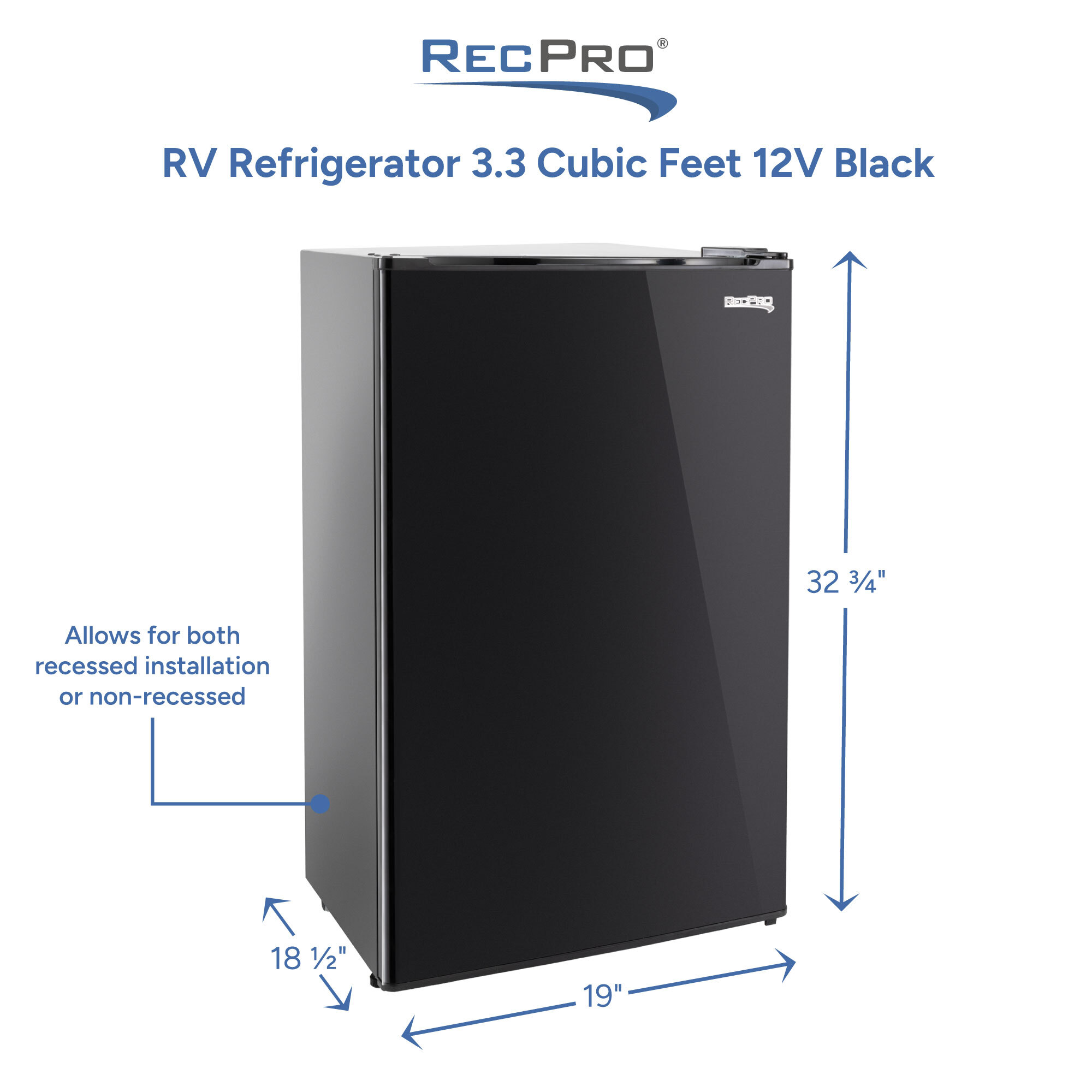 RV Refrigerator 3.3 Cubic Feet 12V Black 18.5 x 19 x 32.75 Measurements 