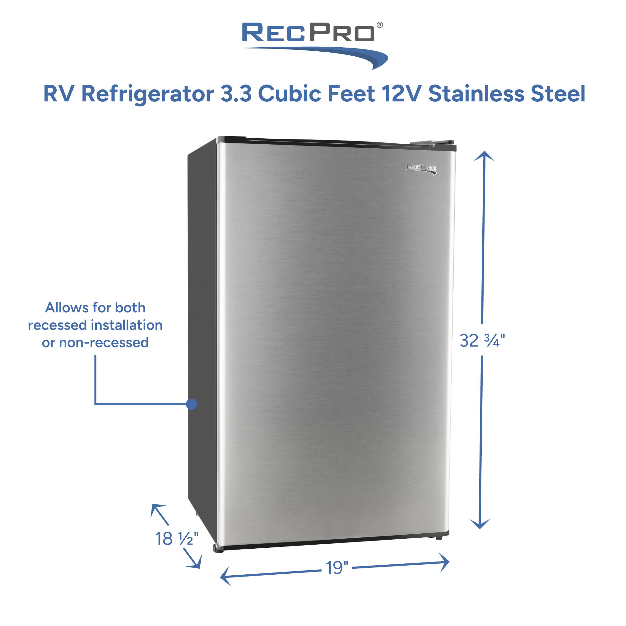 RV Refrigerator 3.3 Cubic Feet 12V Stainless Steel Measurements 