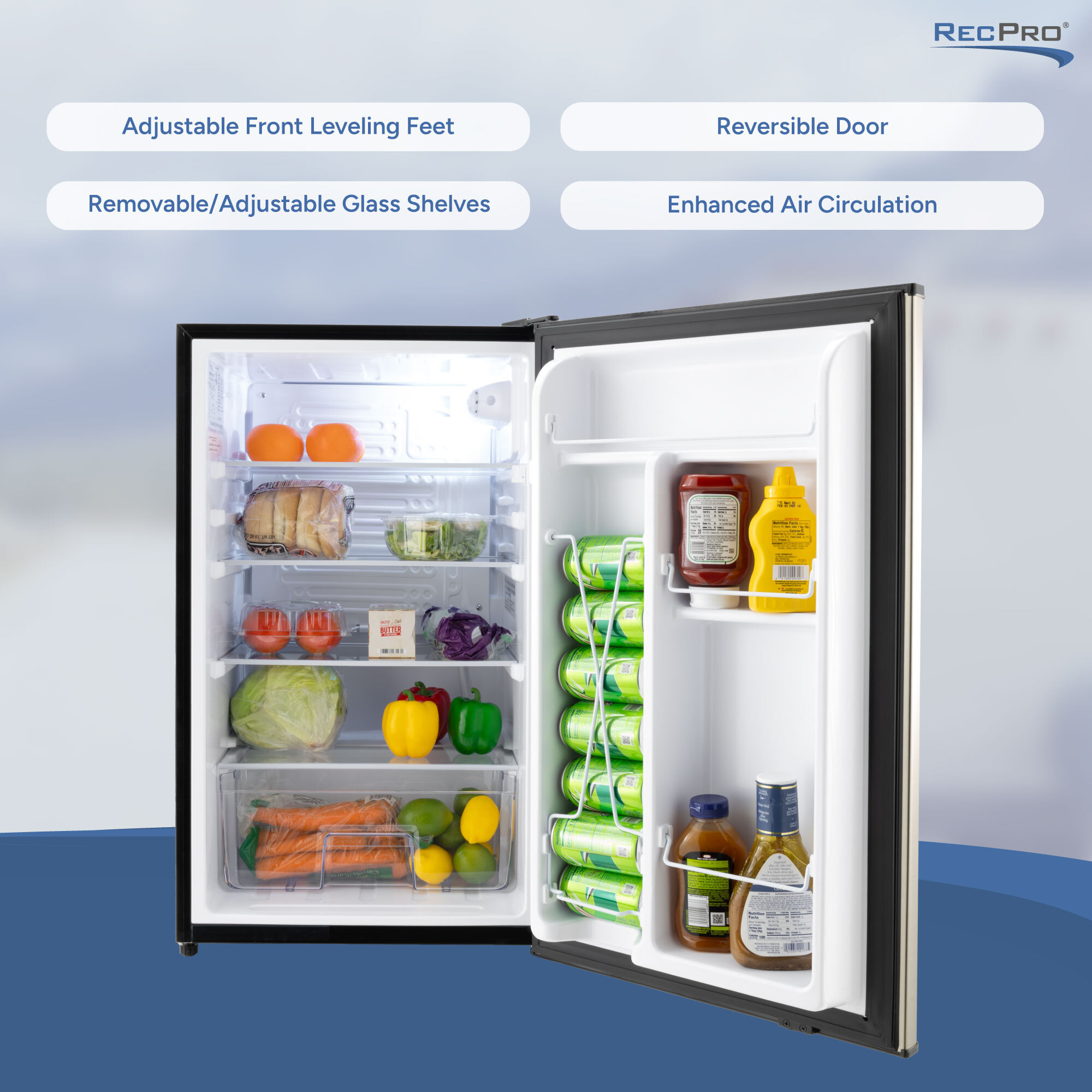 Adjustable Feet, Reversible Door, Removable Shelves, Enhanced Air Circulation 