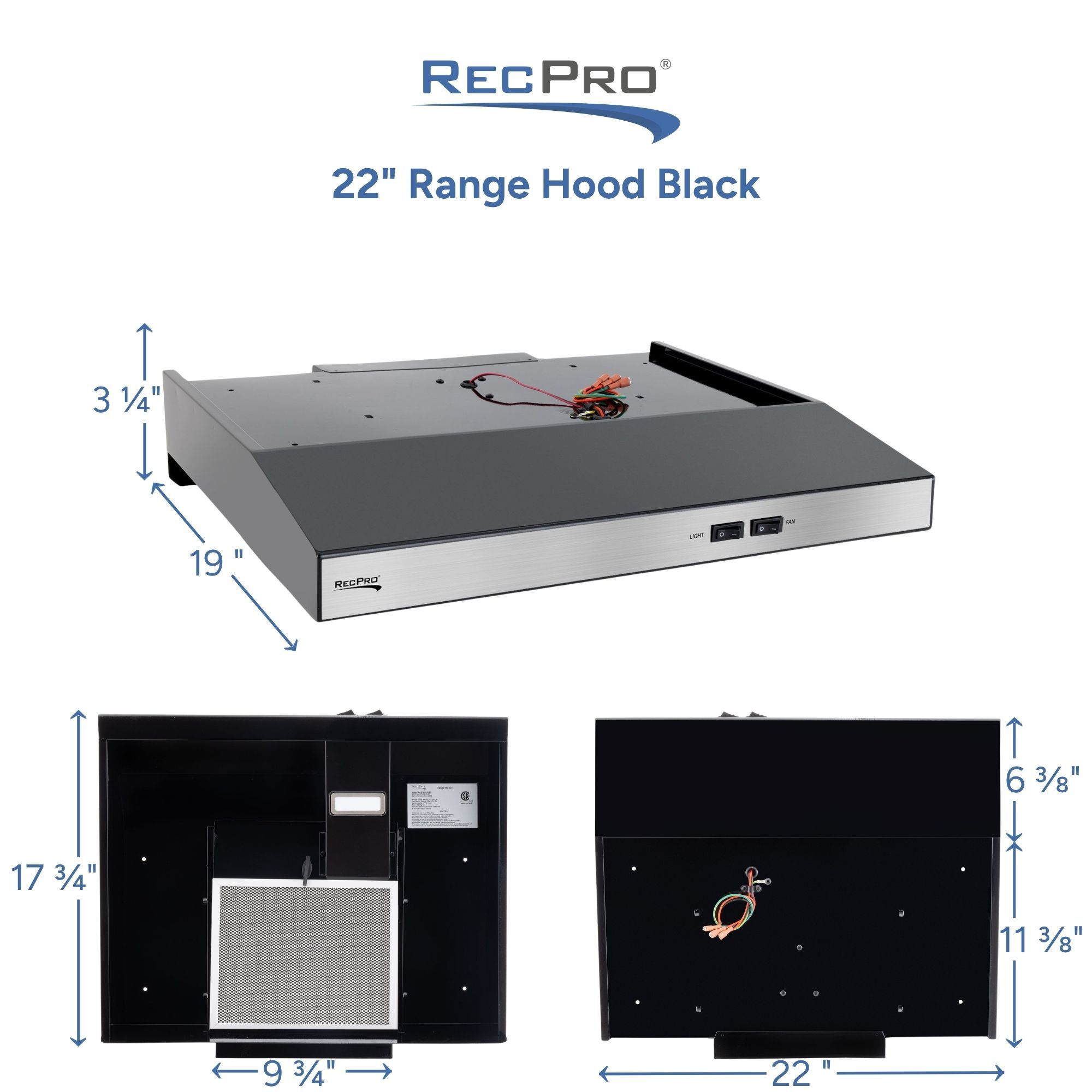 22" Range Hood Black Measurements 22" Range Hood Black Measurements
