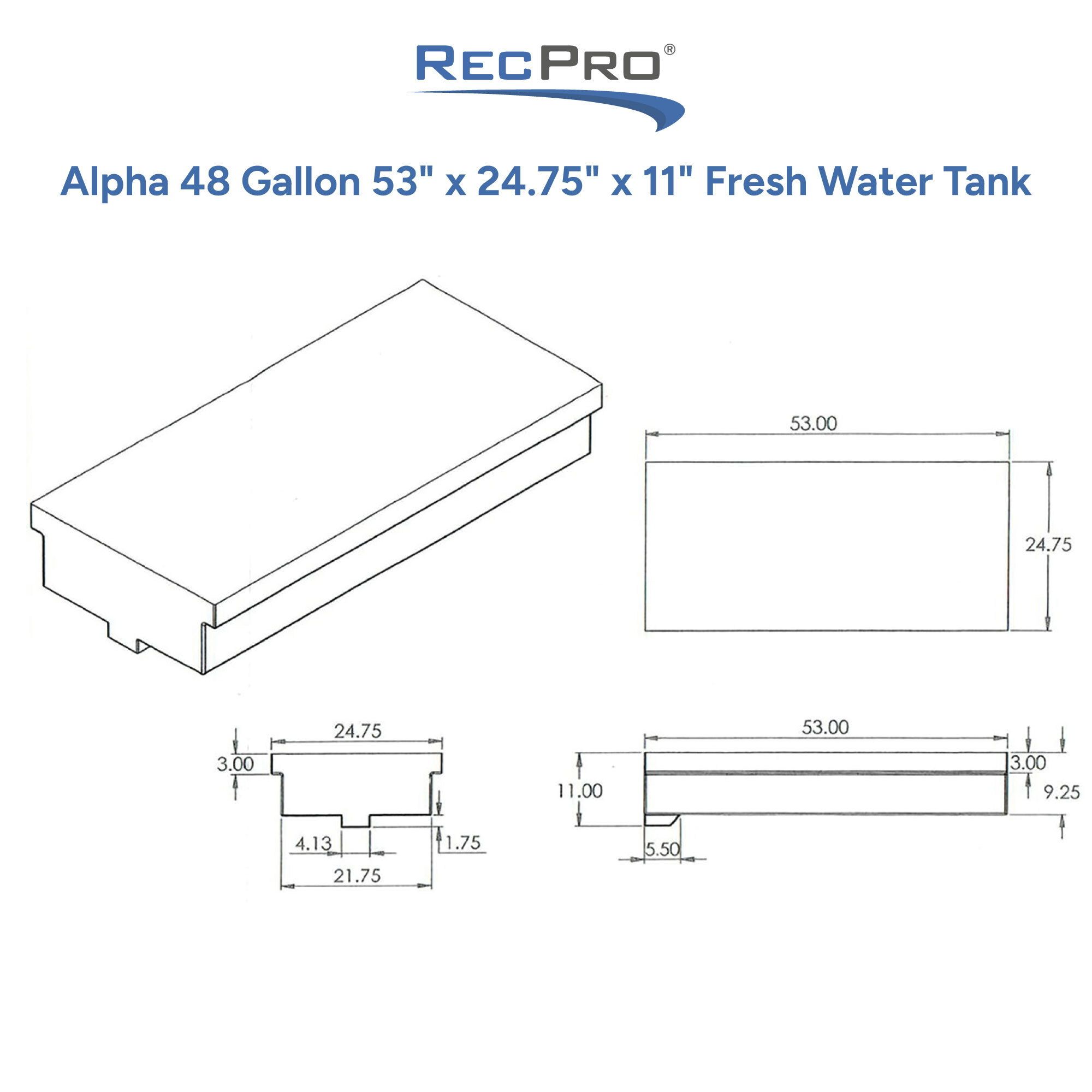 Alpha 48 Gallon 53 x 24.75 x 11 Fresh Water Tank Measurements 