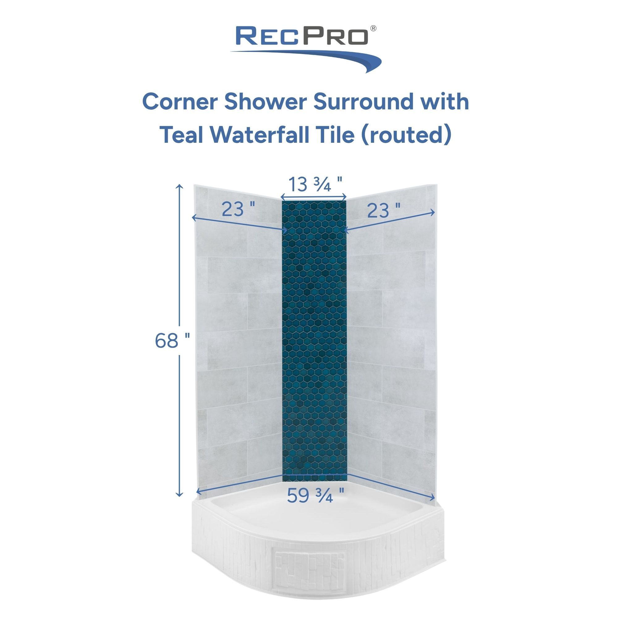 Corner Shower Surround with Teal Waterfall Tile (routed) Measurements 