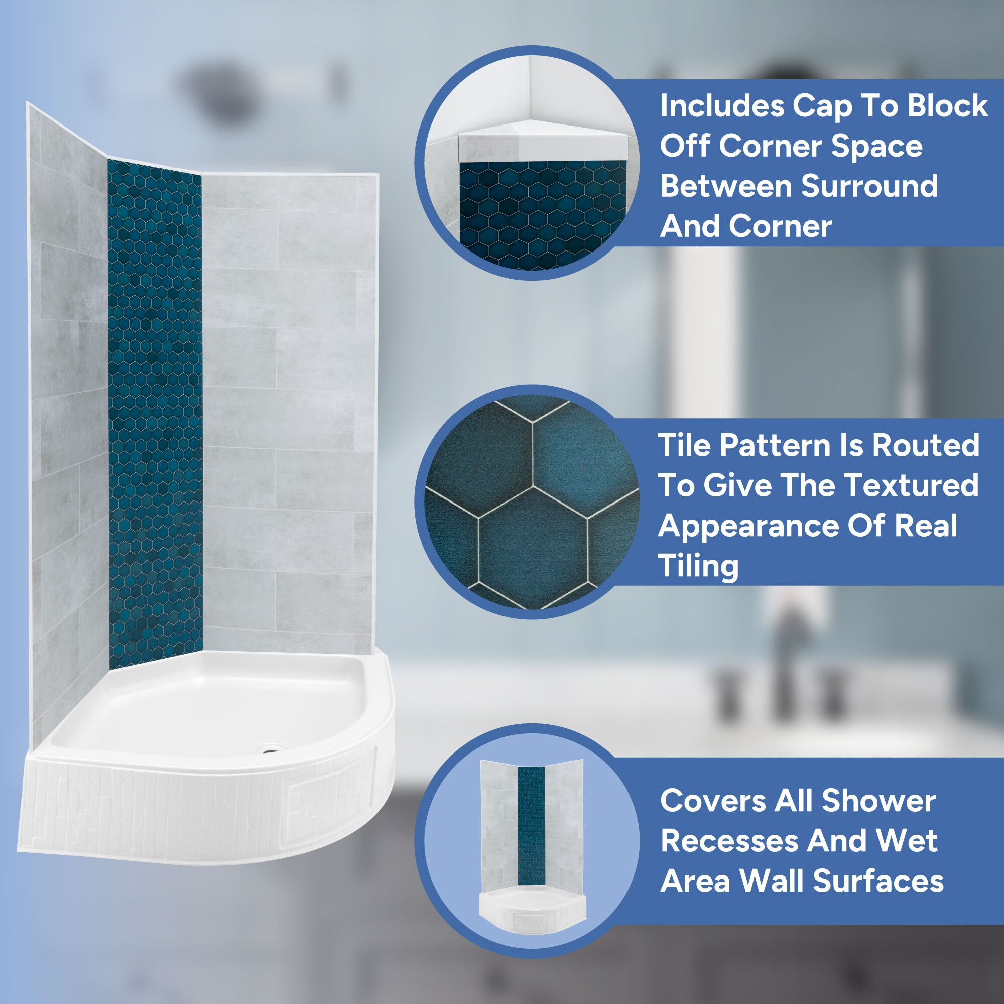 Includes cap, Tile pattern is Routed, Covers all shower recesses