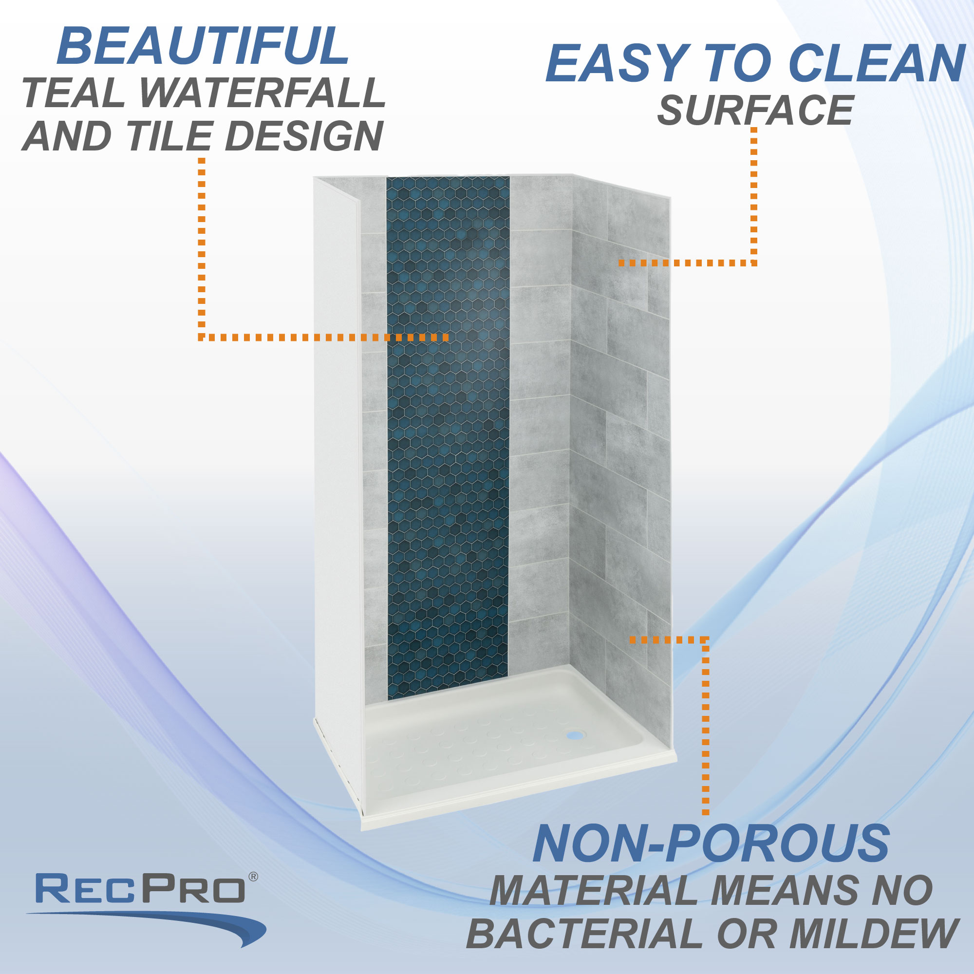 Beautiful teal waterfall and tile design. Easy to clean surface. Non-porous material means no bacterial or mildew. Beautiful teal waterfall and tile design. Easy to clean surface. Non-porous material means no bacterial or mildew.