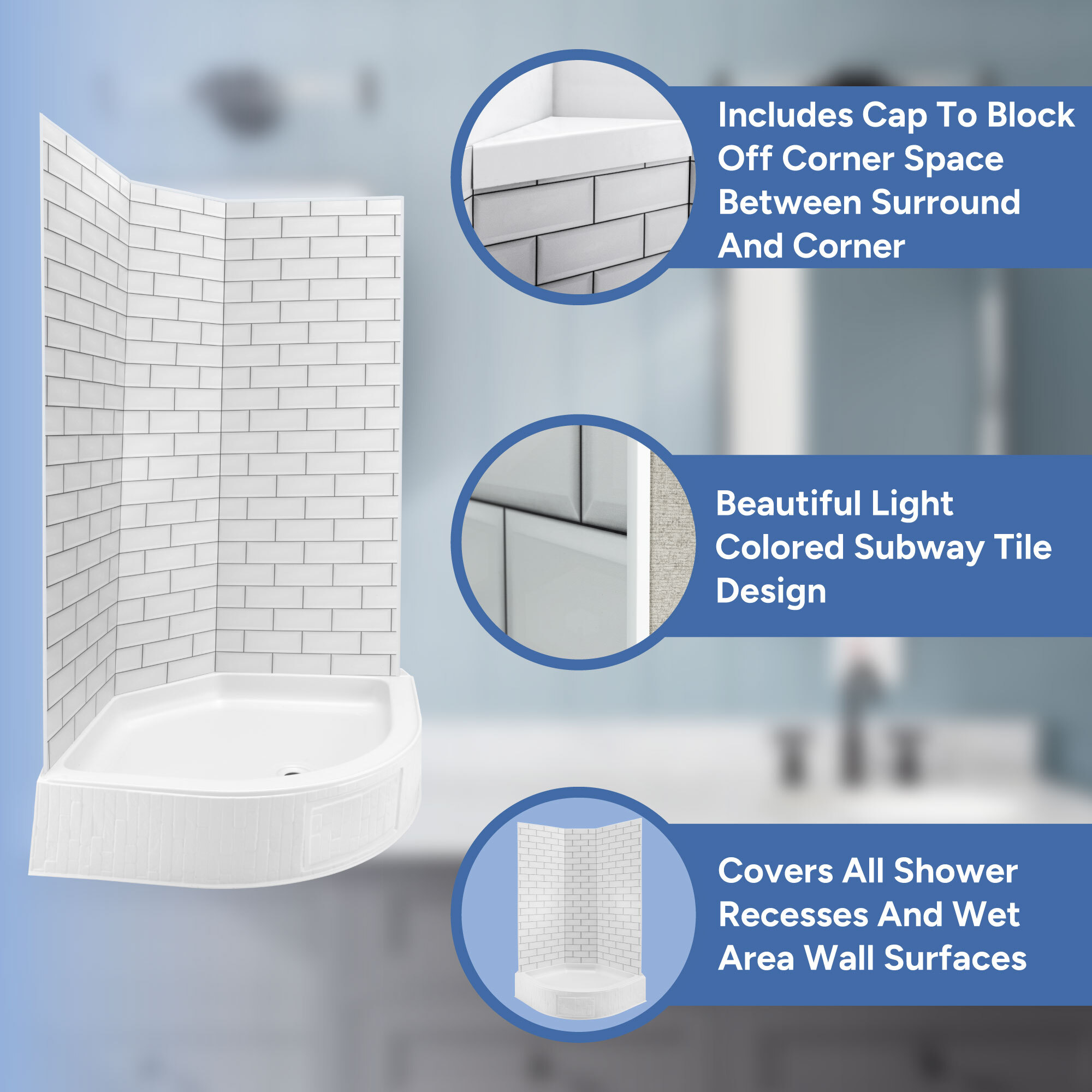 Includes cap, Light colored subway tile, Covers all shower recesses