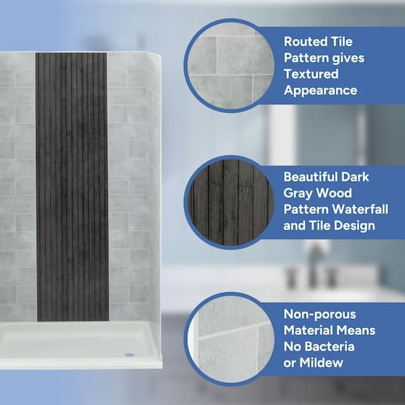 routed tile pattern gives textured appearance, beautiful dark gray wood waterfall and tile design, non-porous material means no baceteria or mildew