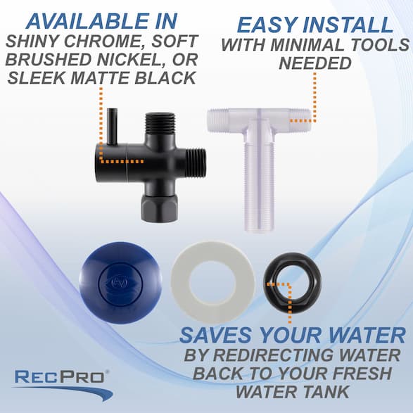 Available in chrome, brushed nickel, or matte black. Easy install with minimal tools. Saves your water by redirecting water.