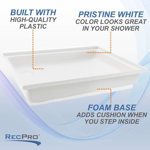 Built with high-quality plastic. Pristine white color looks great in your shower. Foam base adds cushion when you step inside.