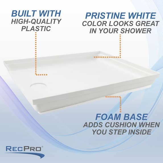 Built with high-quality plastic. Pristine white color looks great in your shower. Foam base adds cushion when you step inside.