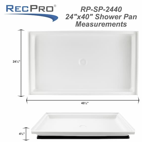 White RV shower pan with a black plastic base measurements.