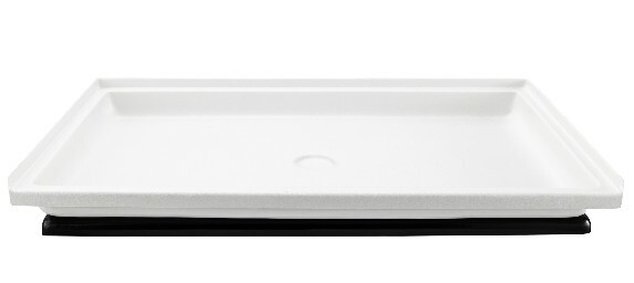 White RV shower pan with a black plastic base front view.