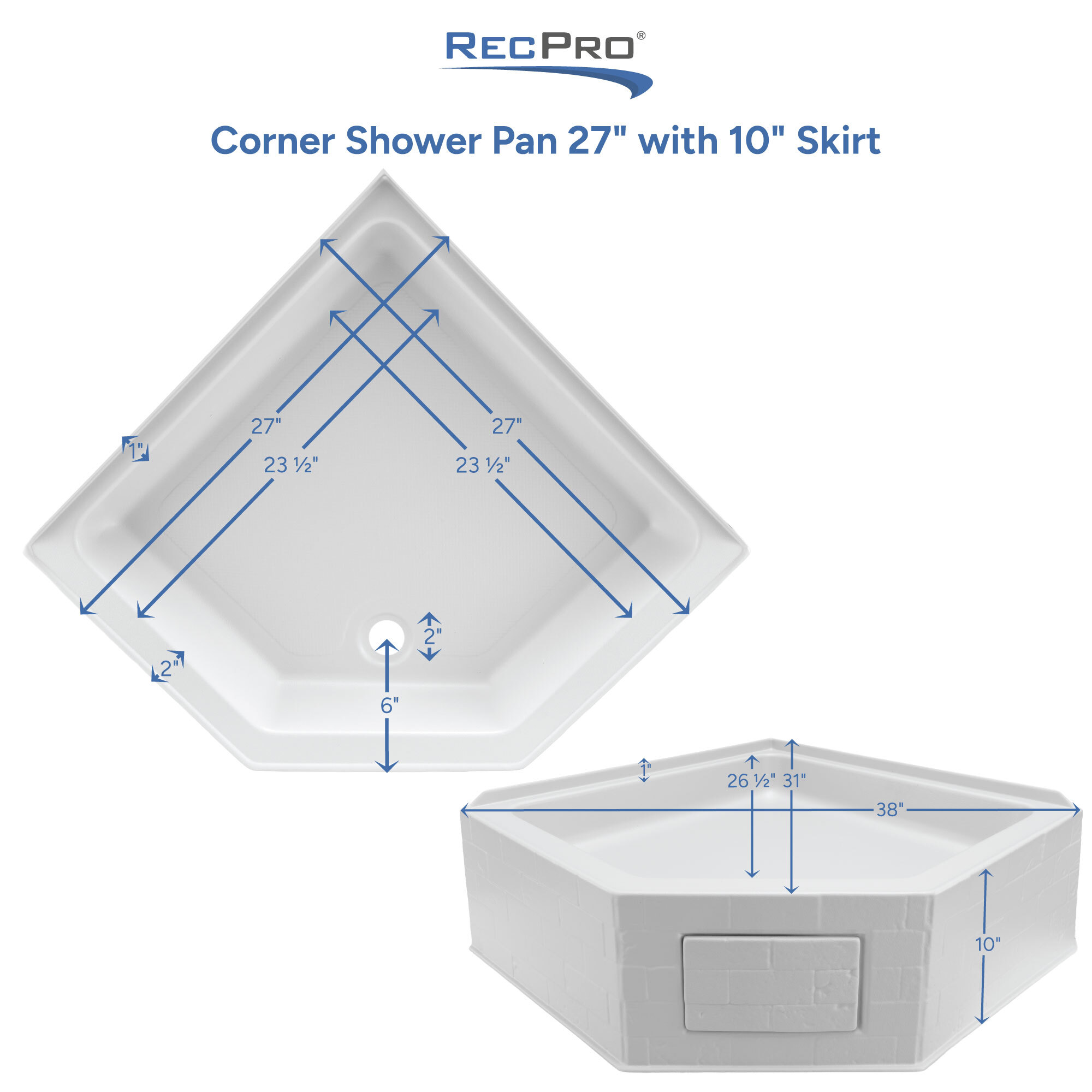 Corner Shower Pan 27" with 10" Skirt Measurements 