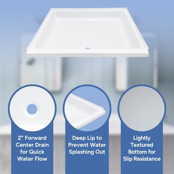 2" Forward center drain for quick water flow, deep lip to prevent water splashing out, lightly textured bottom for slip resistance