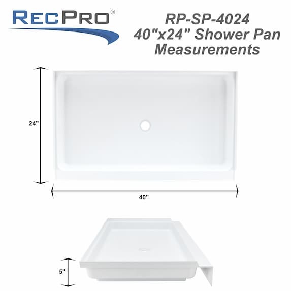 White RV shower pan with center drain measurements.