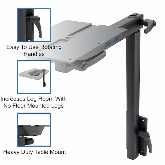 easy to use rotating handles, increases leg room with no floor mounted legs, heavy duty table mount