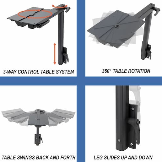 3-way control, 360 table rotation, table swings back and forth, leg moves up and down