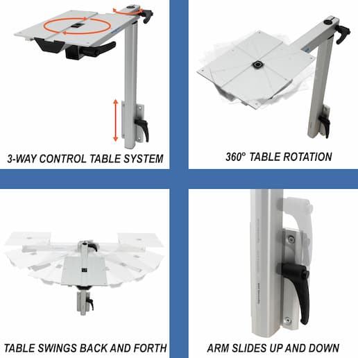 3 way control table system, 360 rotation, swings back and forth, arm slides up and down