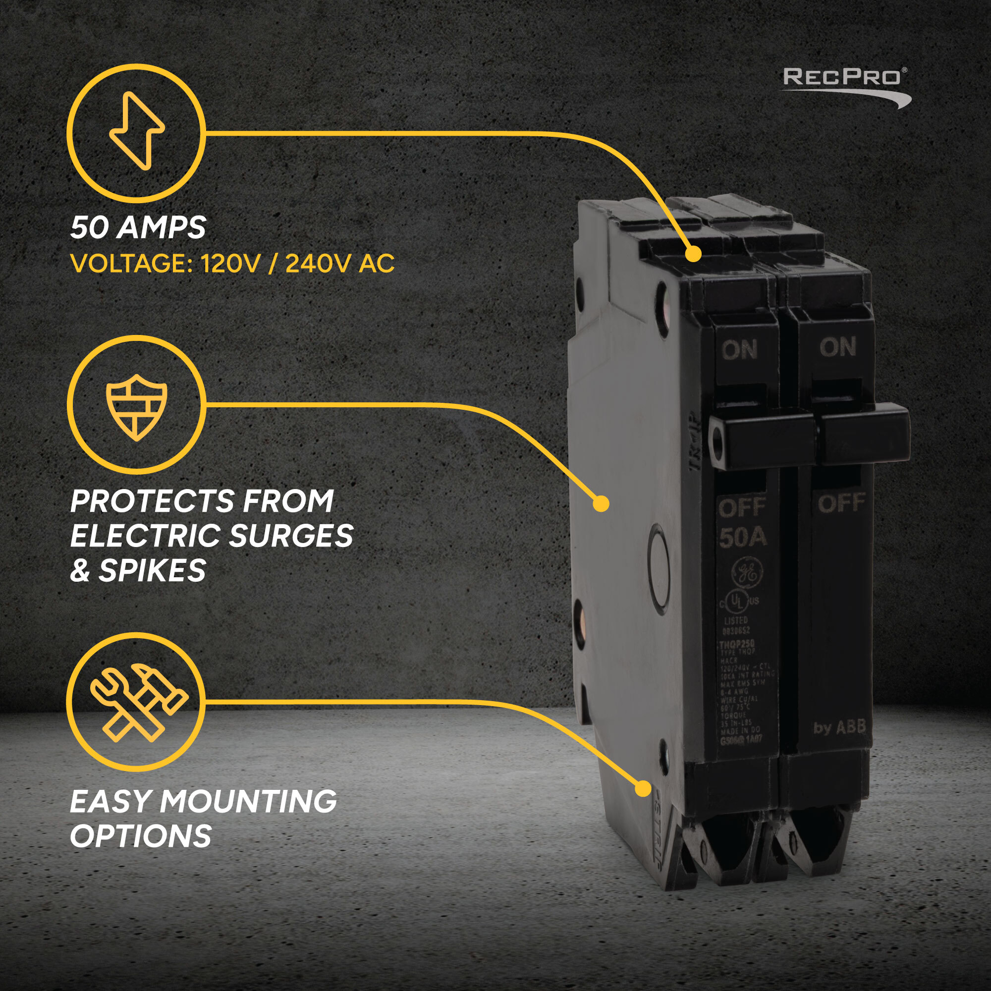 50 Amps, Protects from electrical surges and spikes, Easy mounting options