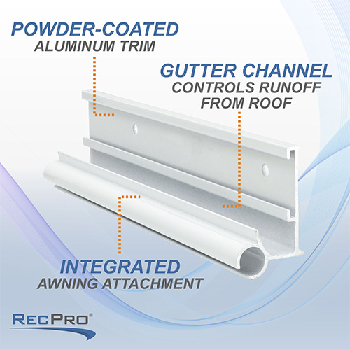 Powder-coated aluminum trim. Gutter channel controls runoff from roof. Integrated awning attachment.