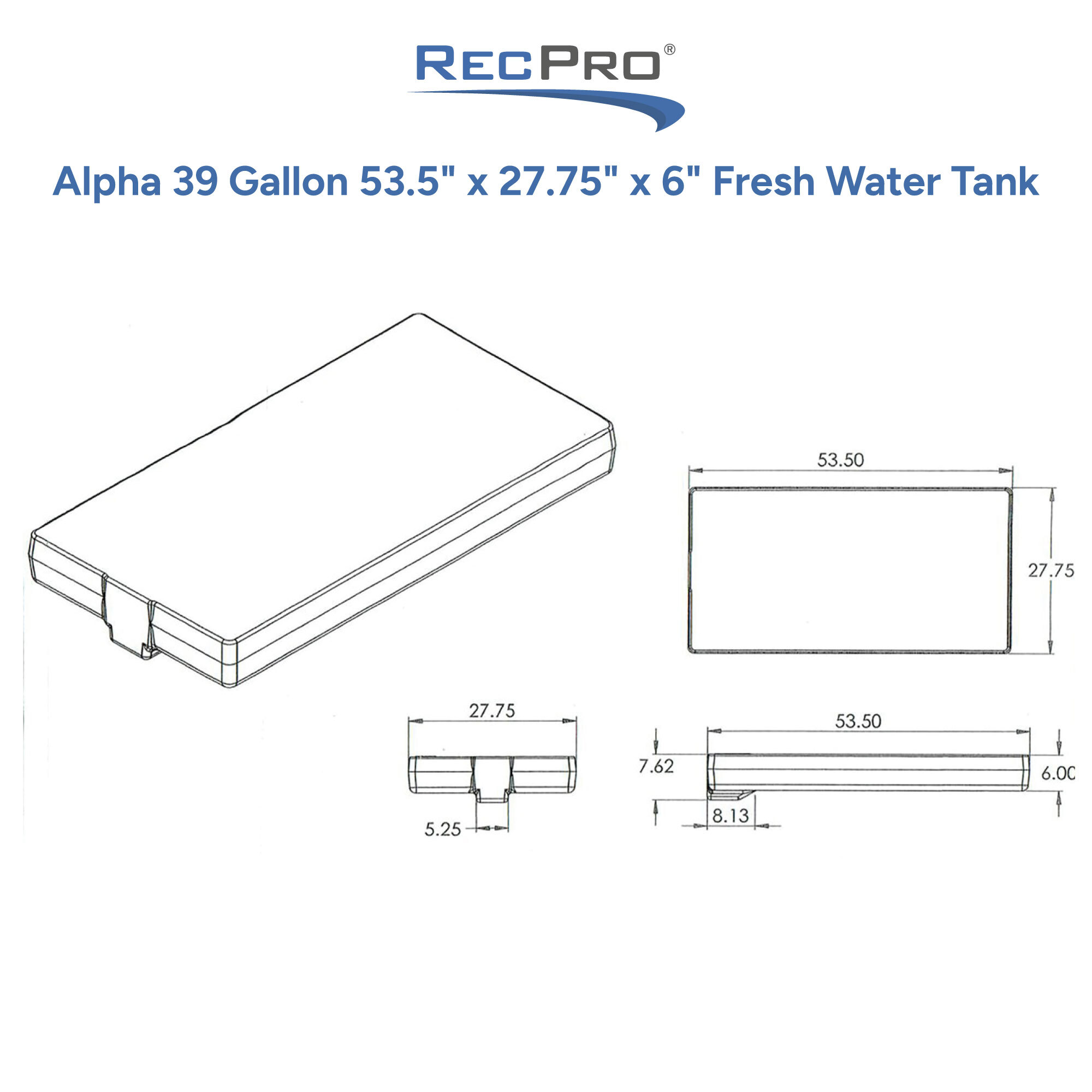 Alpha 39 Gallon 53.5 x 27.75 x 6 Fresh Water Tank Measurements 