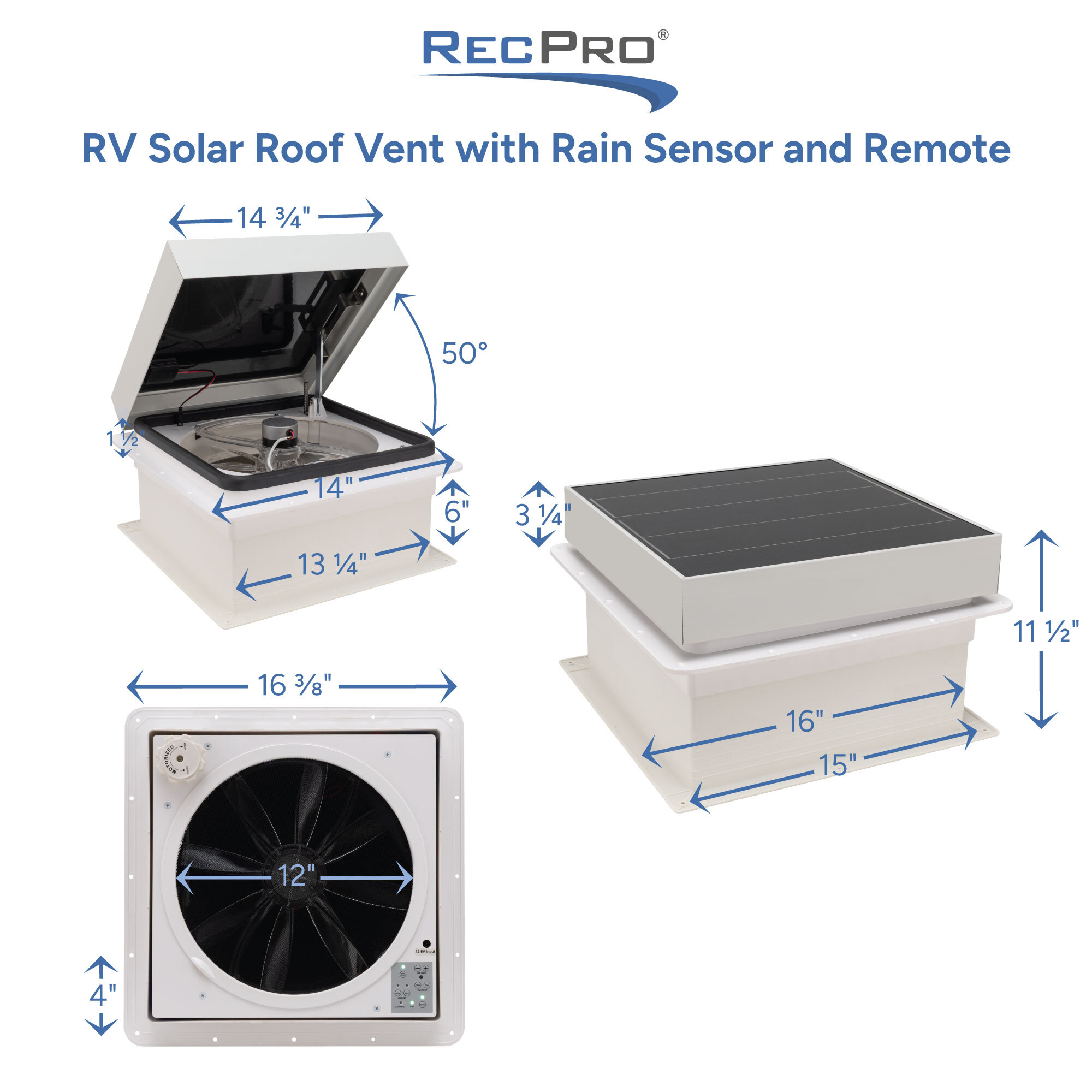 RV Solar Roof Vent with Rain Sensor and Remote Measurements 