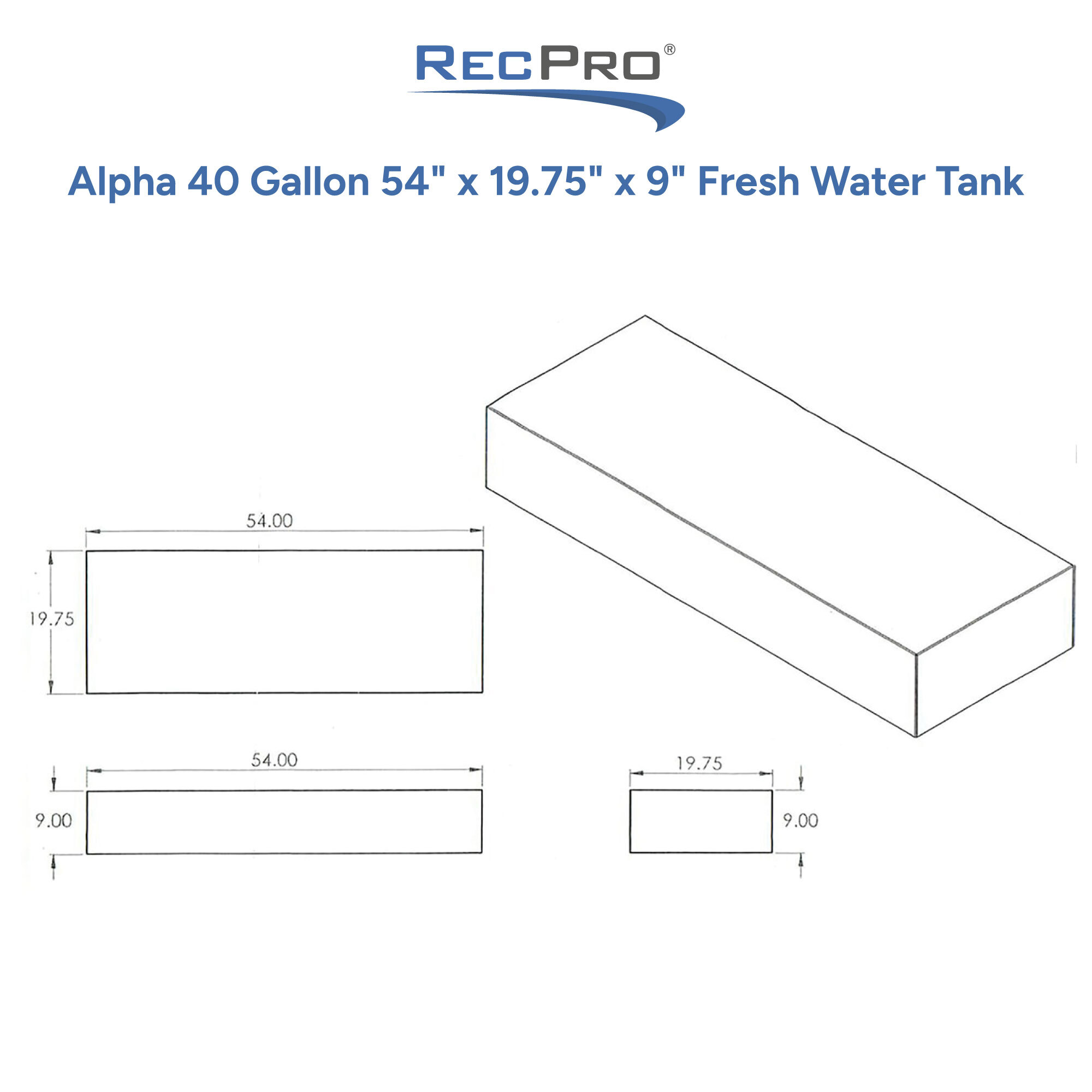 Alpha 40 Gallon 54 x 19.75 x 9 Fresh Water Tank Measurements 