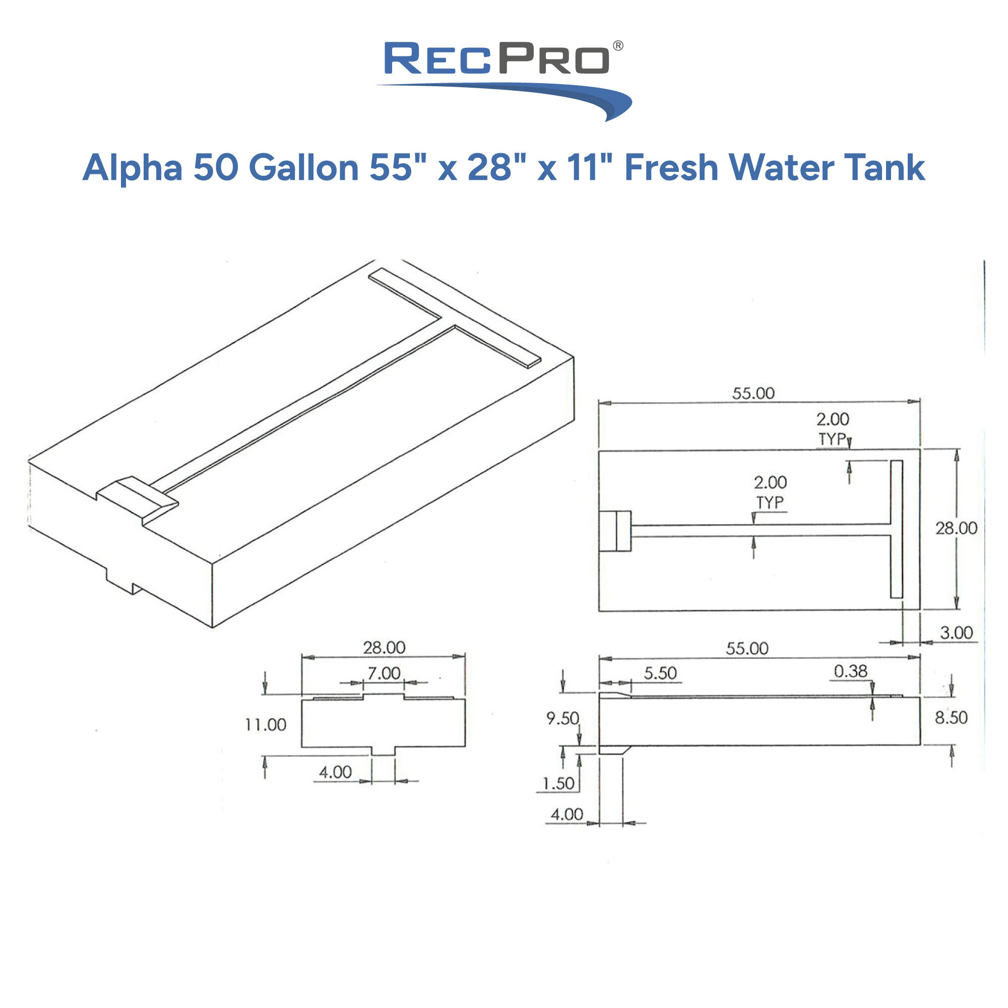 Alpha 50 Gallon 55 x 28 x 11 Fresh Water Tank Measurements 