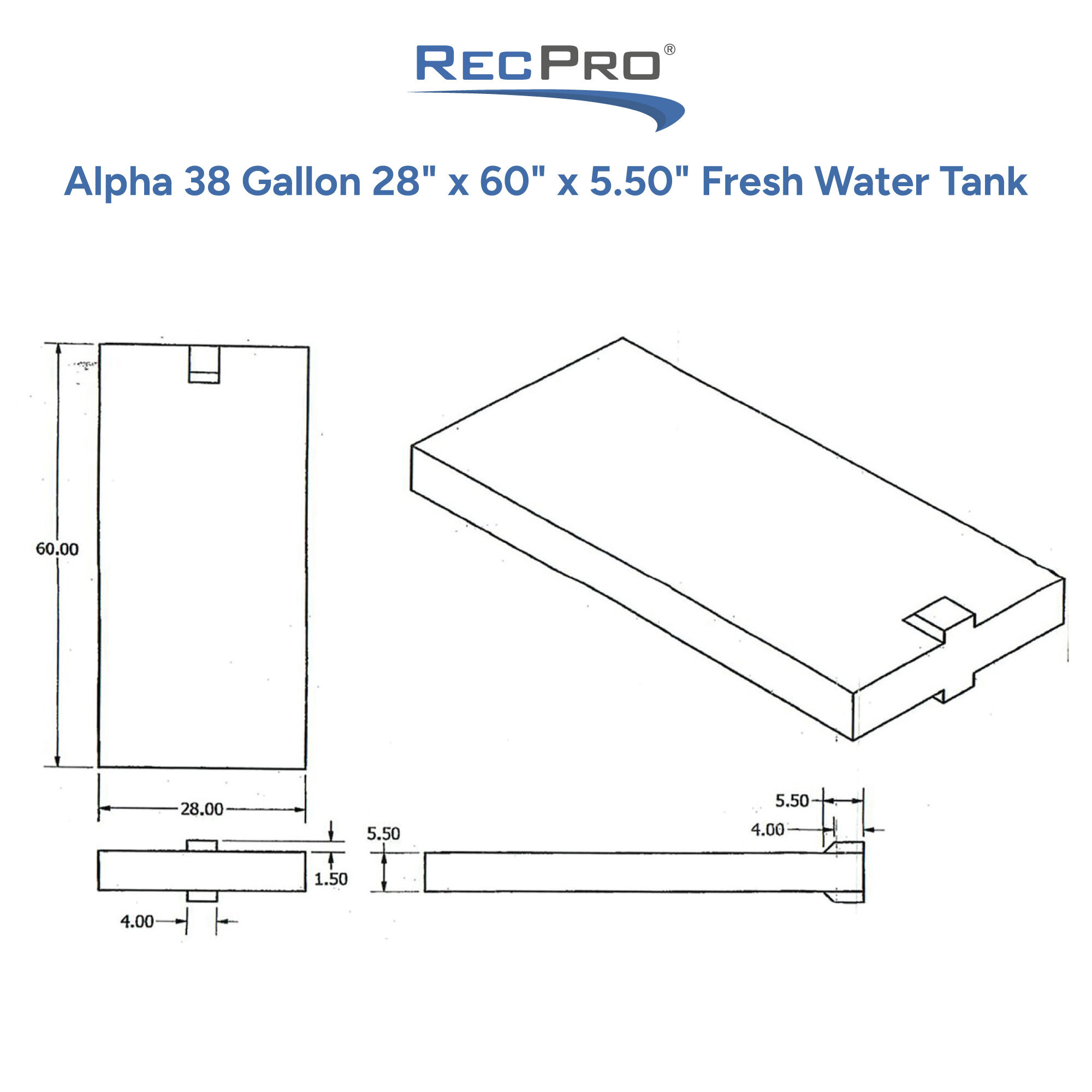 Alpha 38 Gallon 28 x 60 x 5.50 Fresh Water Tank Measurements 
