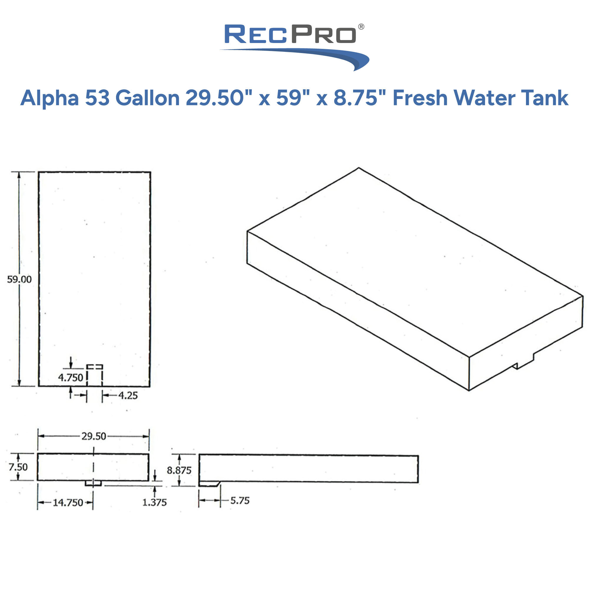 Alpha 53 Gallon 29.50 x 59 x 8.75 Fresh Water Tank Measurements 