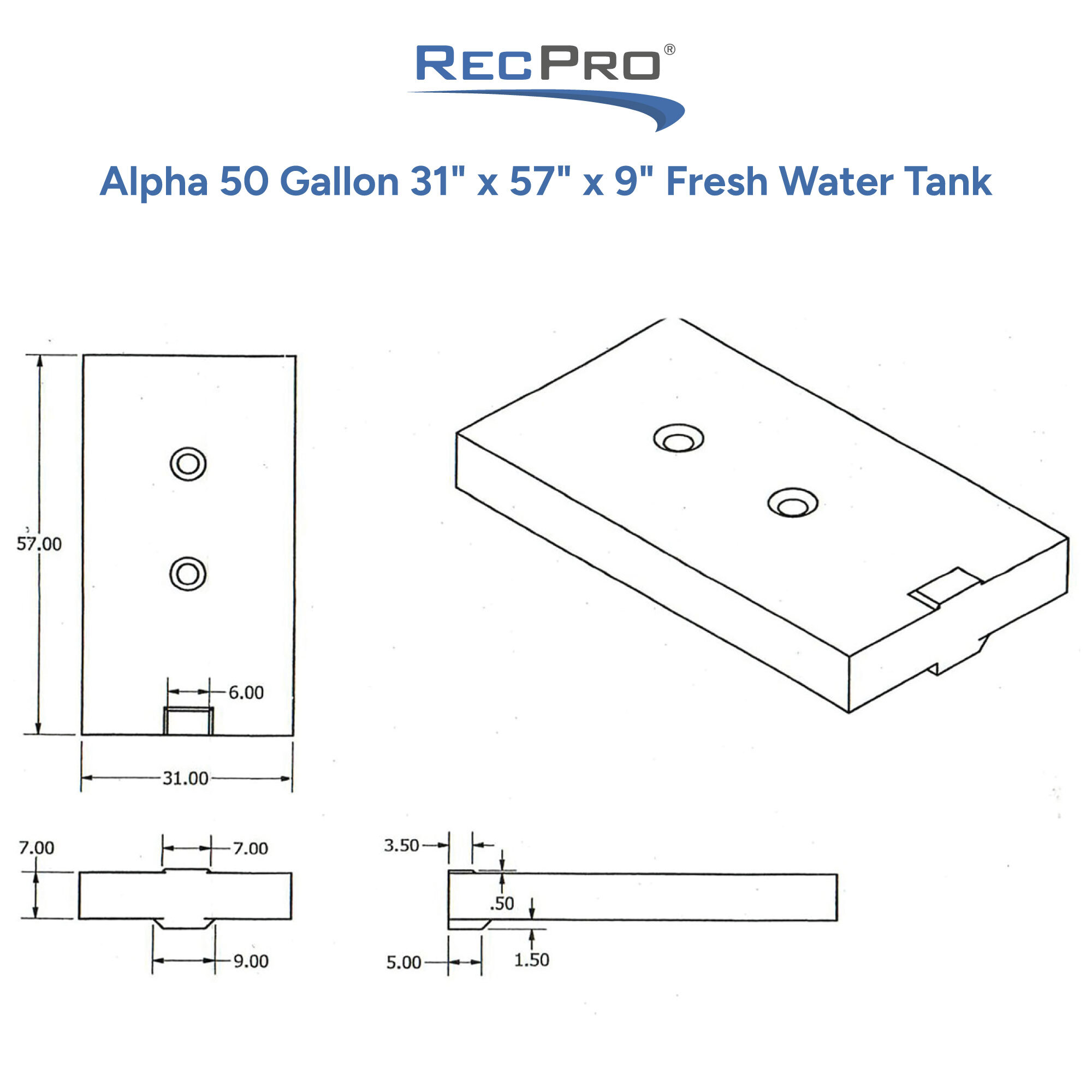 Alpha 50 Gallon 31 x 57 x 9 Fresh Water Tank Measurements 