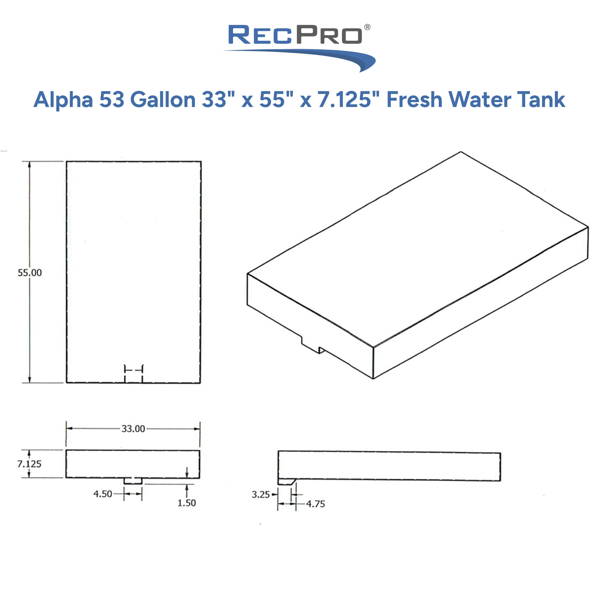 Alpha 53 Gallon 33 x 55 x 7.125 Frssh Water Tank Measurements