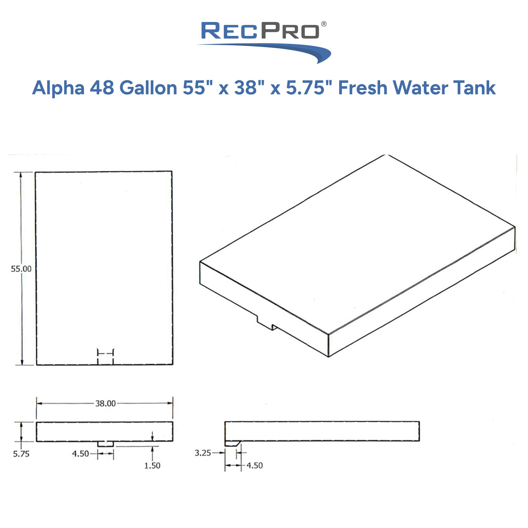 Alpha 48 Gallon 55 x 38 x 5.75 Fresh Water Tank Measurements 