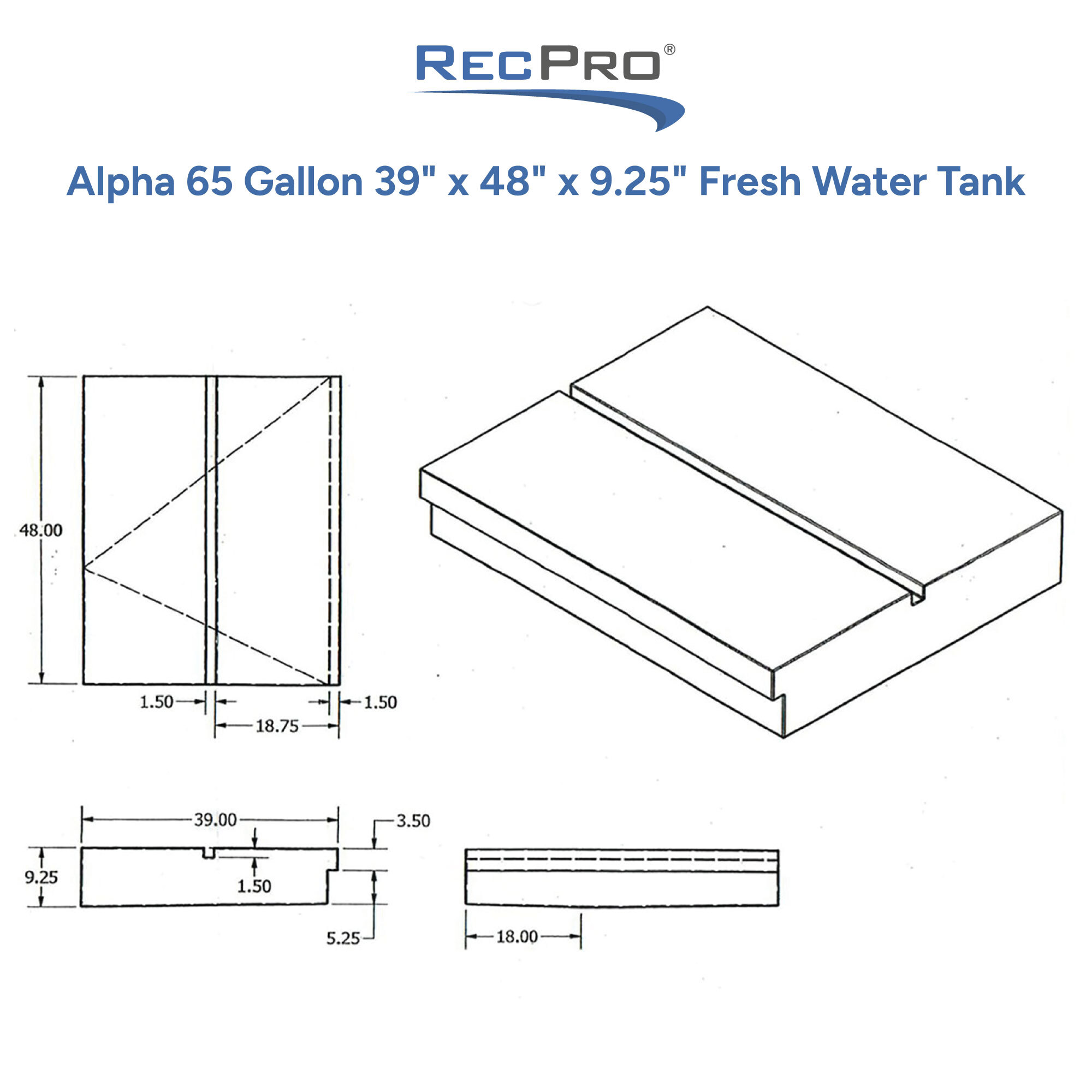 Alpha 65 Gallon 39 x 48 x 9.25 Fresh Water Tank Measurements 