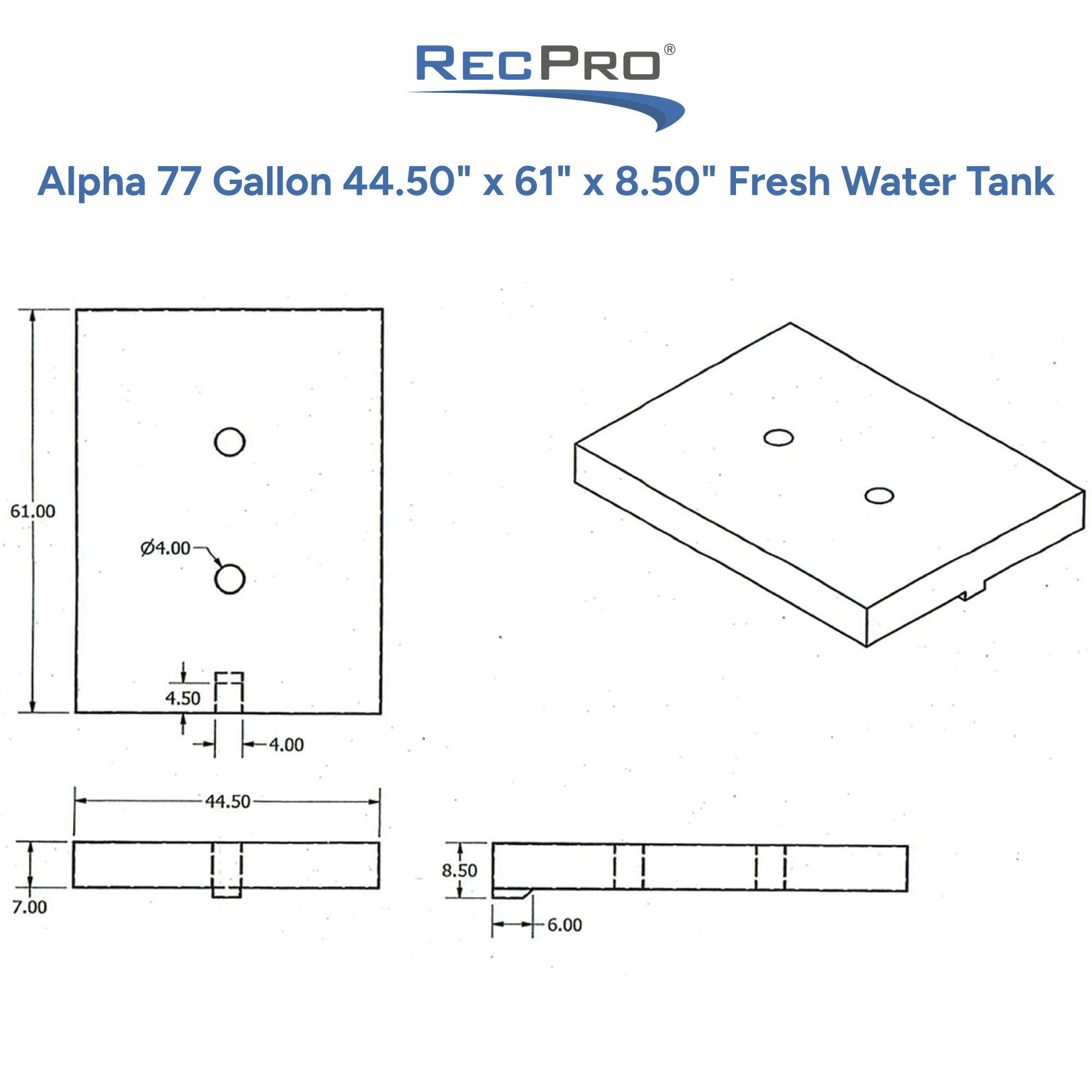 Alpha 77 Gallon 44.5 x 61 x 8.50 Fresh Water Tank Measurements