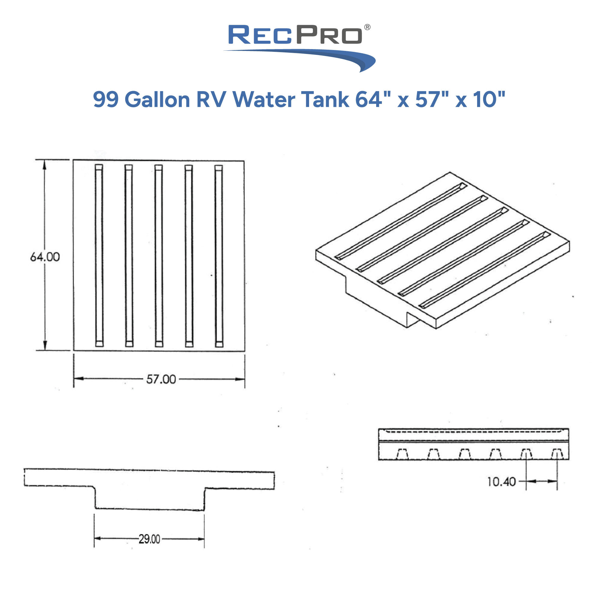 99 Gallon RV Water Tank 64 x 57 x 10 Measurements 