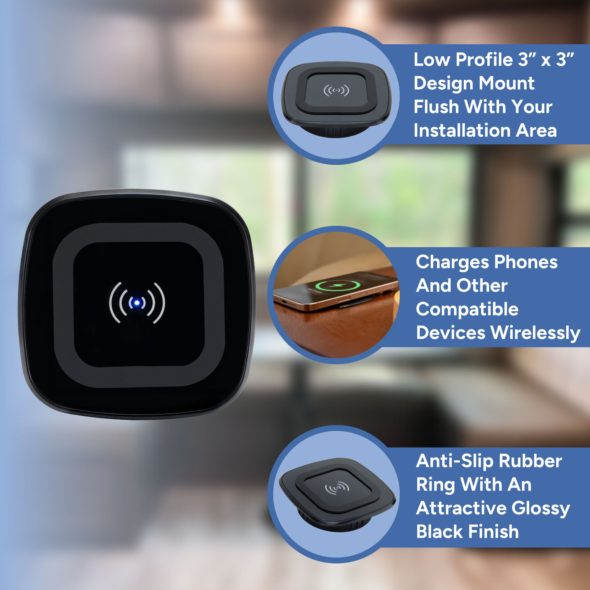 Low Profile 3" x 3", Charges phones and other devices, Anti-Slip rubber ring Low Profile 3" x 3", Charges phones and other devices, Anti-Slip rubber ring