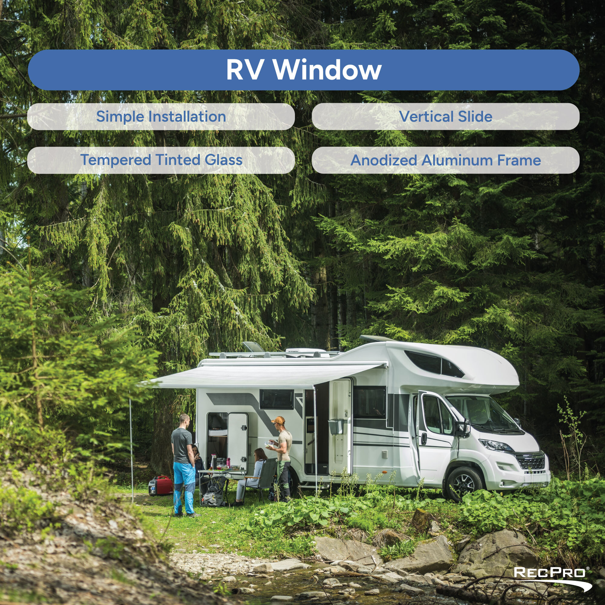 RV Window. Simple Installation, Vertical Slide, Tempered Tinted Glass, Anodized Aluminum Frame