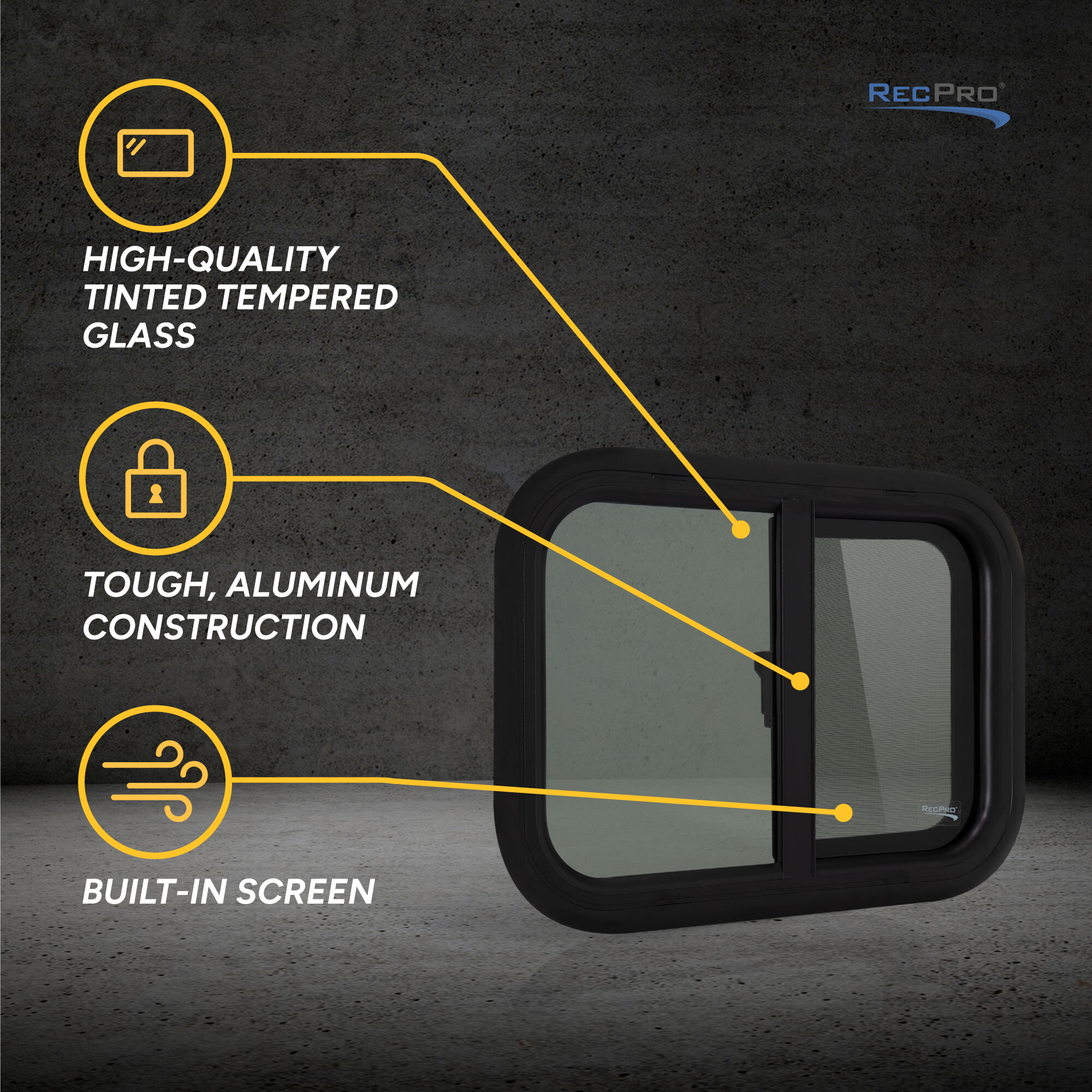 High-Quality Tinted Tempered Glass. Tough, Aluminum Construction. Built-In Screen.