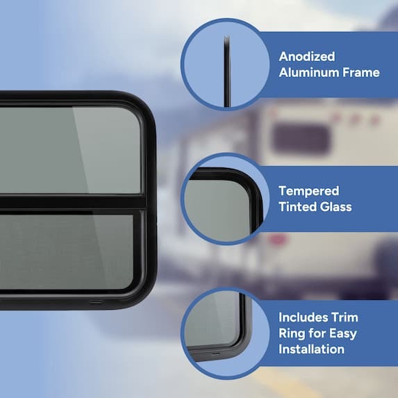 anodized aluminum frame, tempered tinted glass, includes trim ring for easy installation 