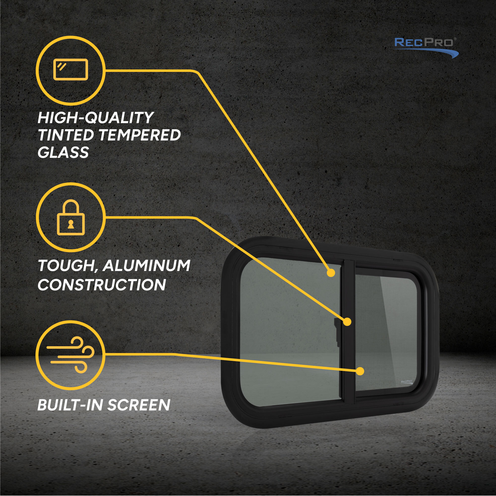 High-Quality Tinted Tempered Glass. Tough, Aluminum Construction. Built-In Screen.