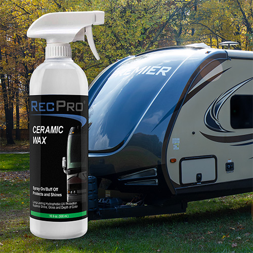 RecPro RV ceramic coating wax bottle with an RV in the background.