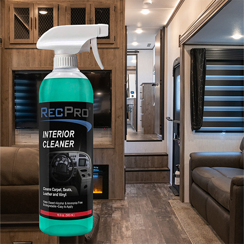 RecPro RV interior cleaner bottle with an RV interior in the background. RecPro RV interior cleaner bottle with an RV interior in the background.