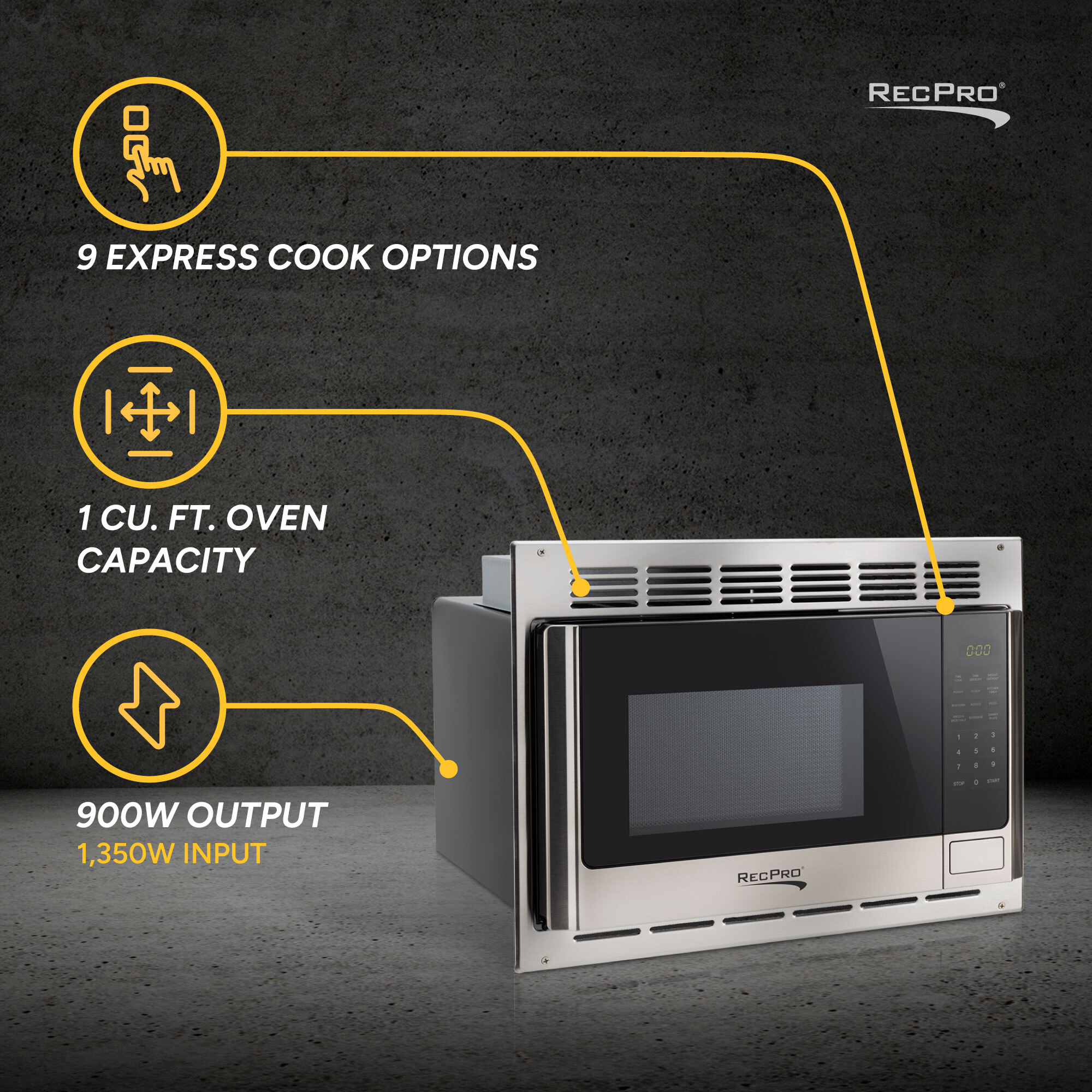 9 Express Cook Options, 1 cu. ft. Oven Capacity, 900W Output 9 Express Cook Options, 1 cu. ft. Oven Capacity, 900W Output