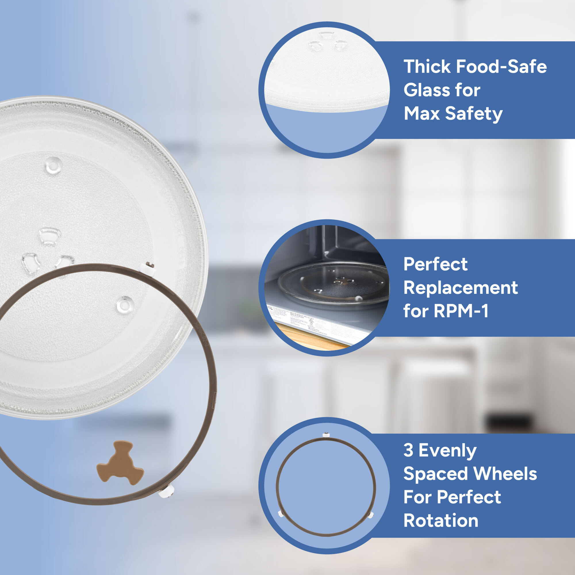 Thick Food-Safe Glass, Perfect Replacement for RPM-1, 3 Evenly Spaced Wheels