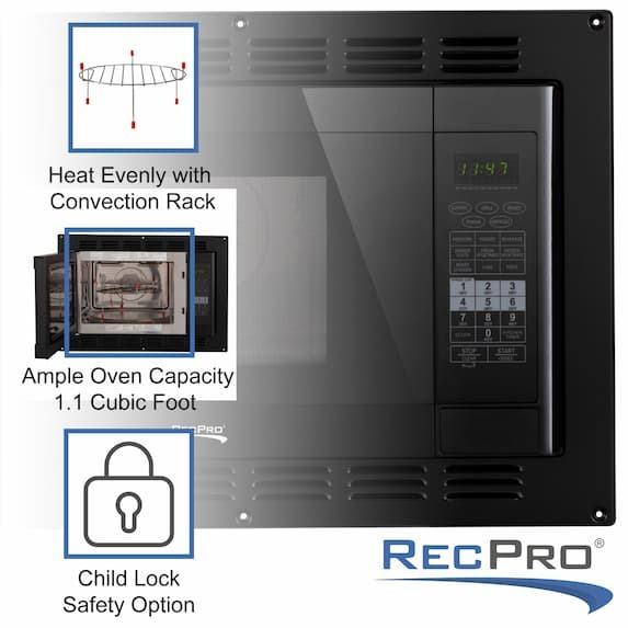 Heat evenly with convection rack. Ample oven space of 1.1 cubic feet. Child lock safety option.