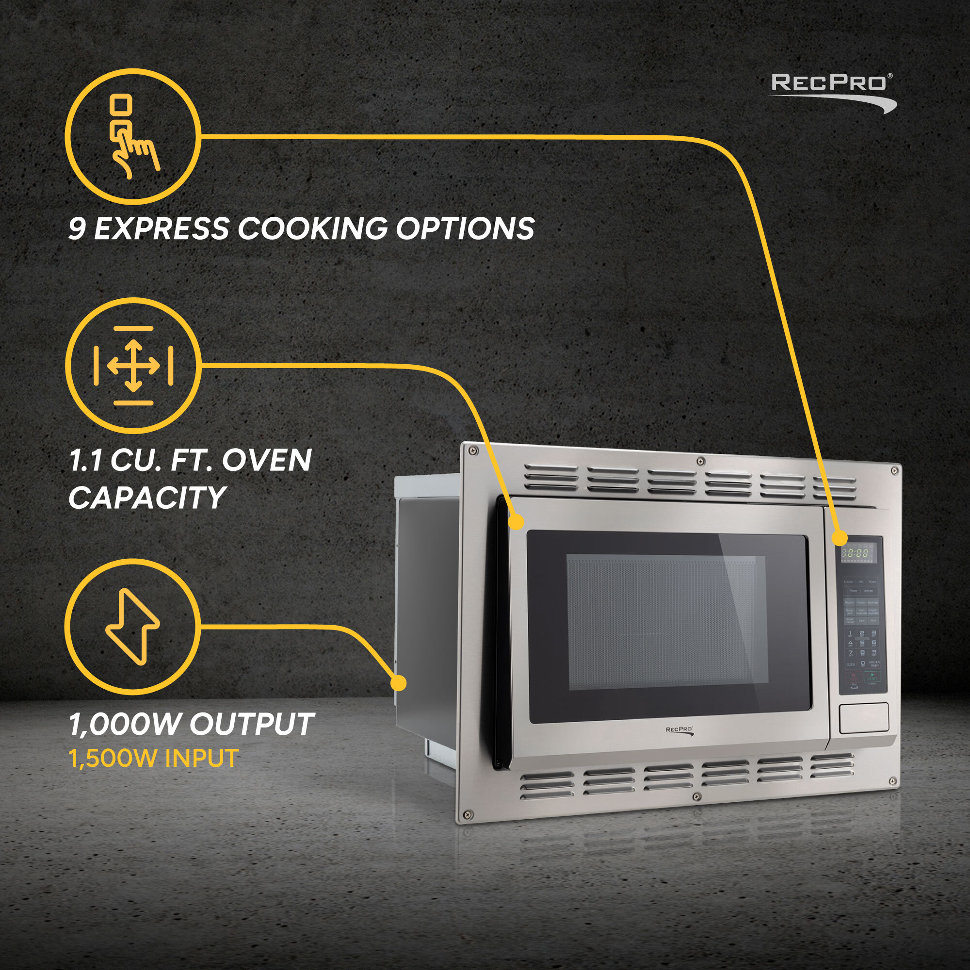9 Express Cook Options, 1.1 cu. ft. Oven Capacity, 1.000W Output