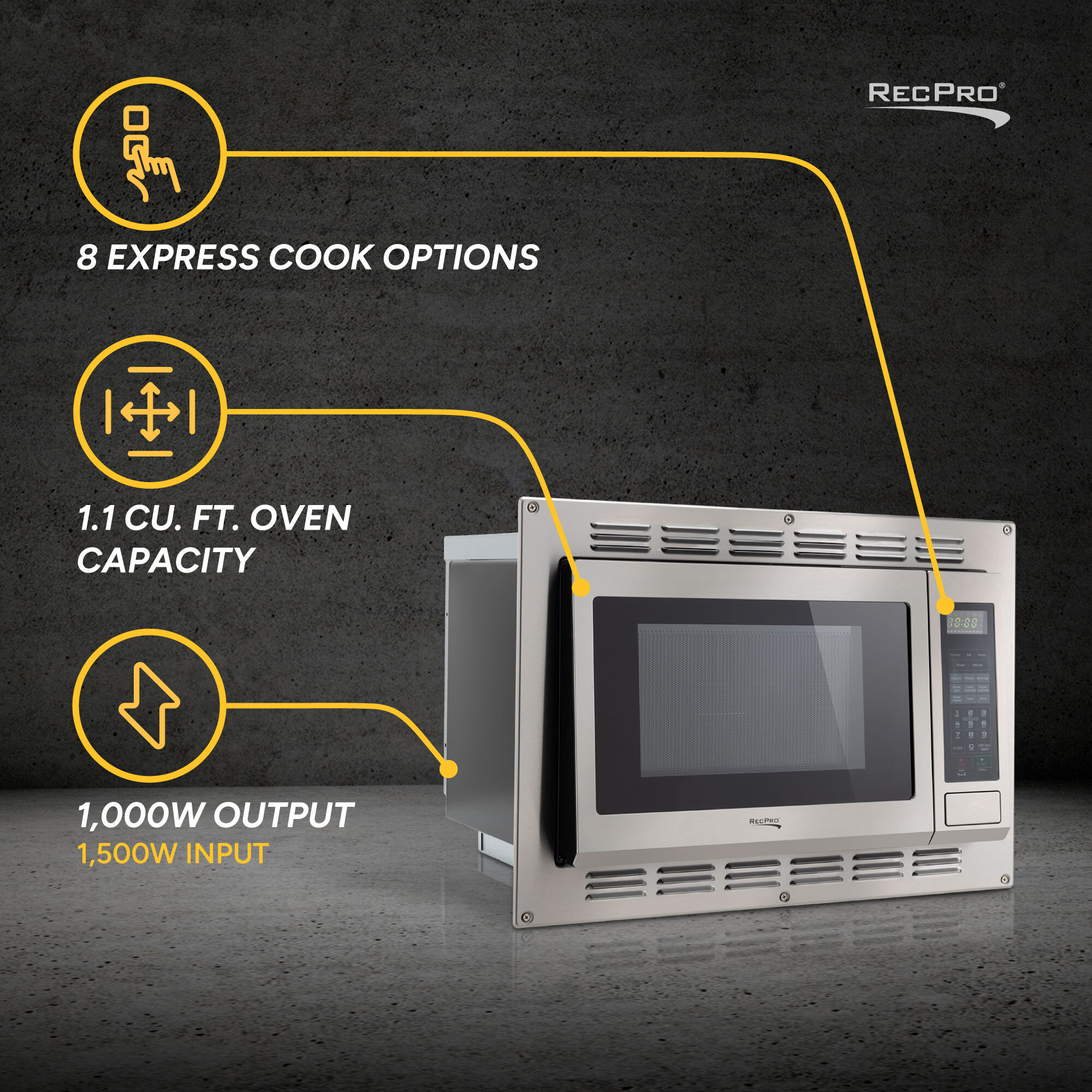 8 Express Cook Options, 1.1 cu. ft. Oven Capacity, 1.000W Output