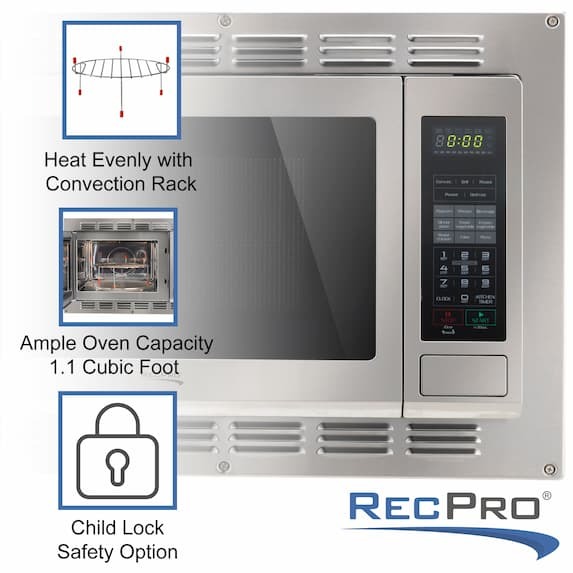 Heat evenly with convection rack. Ample oven capacity of 1.1 cubic feet. Child lock safety option.